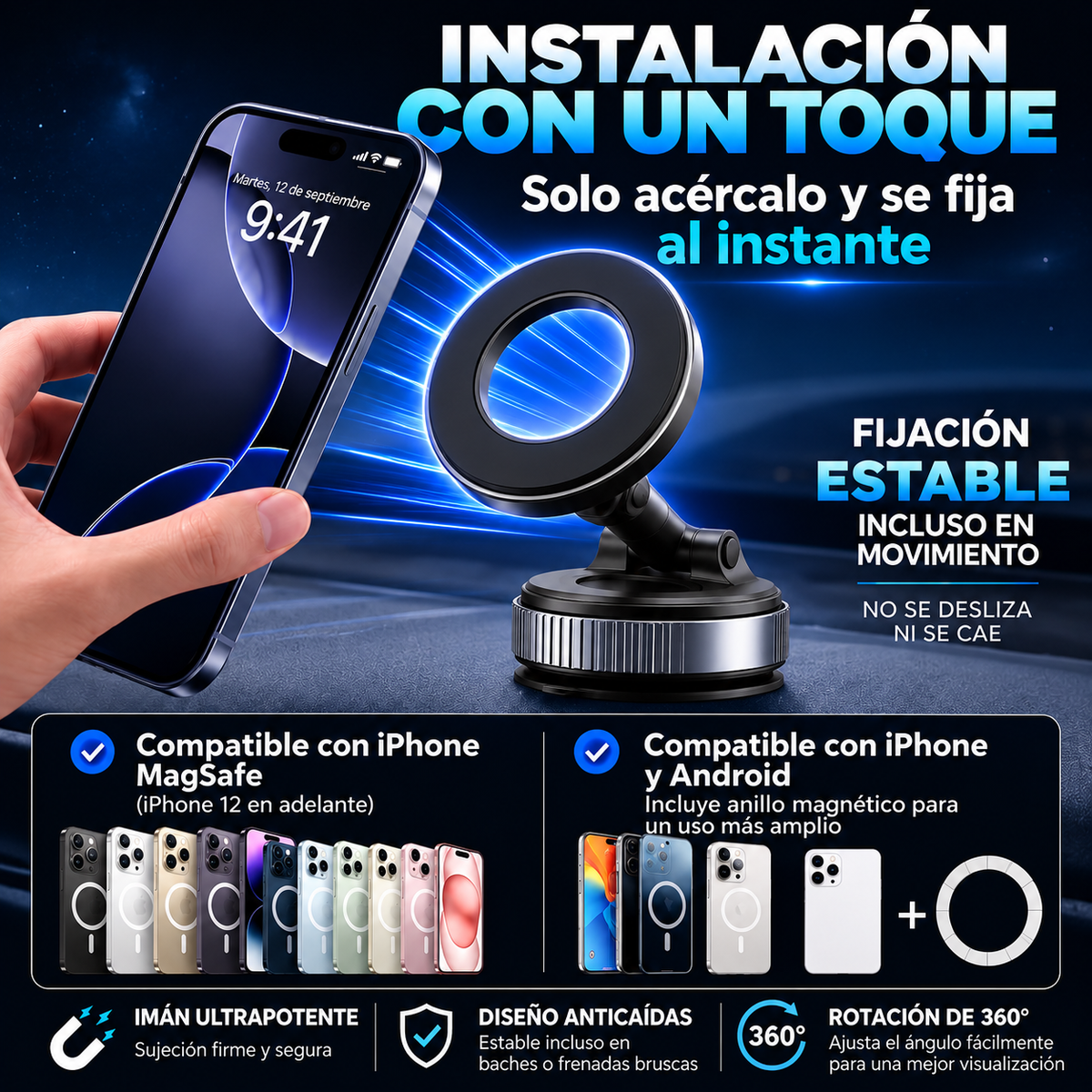 Magnety™ | Soporte Magnético para Celular con Rotación de 360°